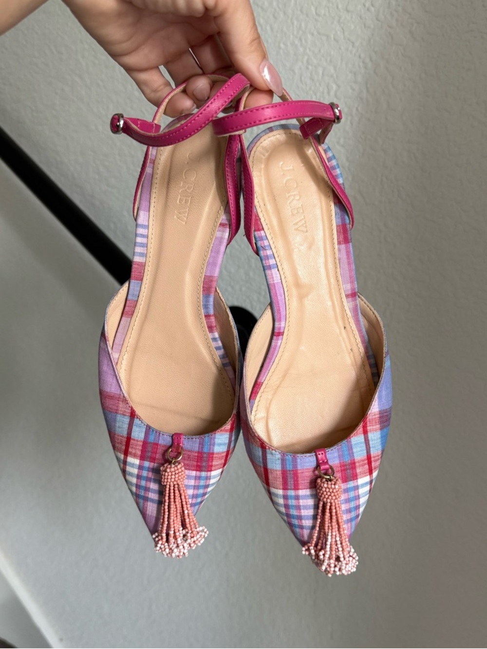 J. Crew Sadie Plaid Beaded Pom Pom Ankle Strap Flats sz: 6